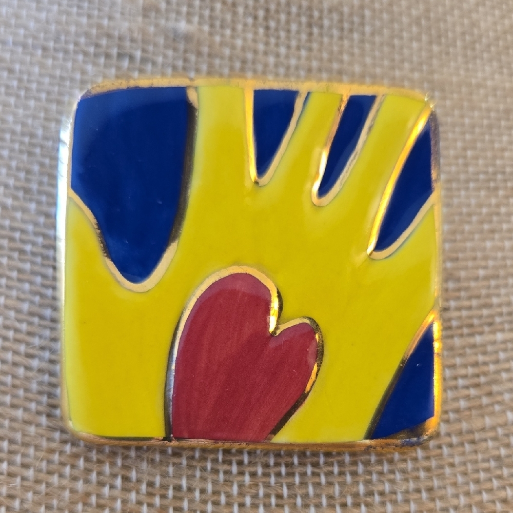 Hand Crafted Heart In Hand Pin Red Yellow Blue Gold Tone Trim
